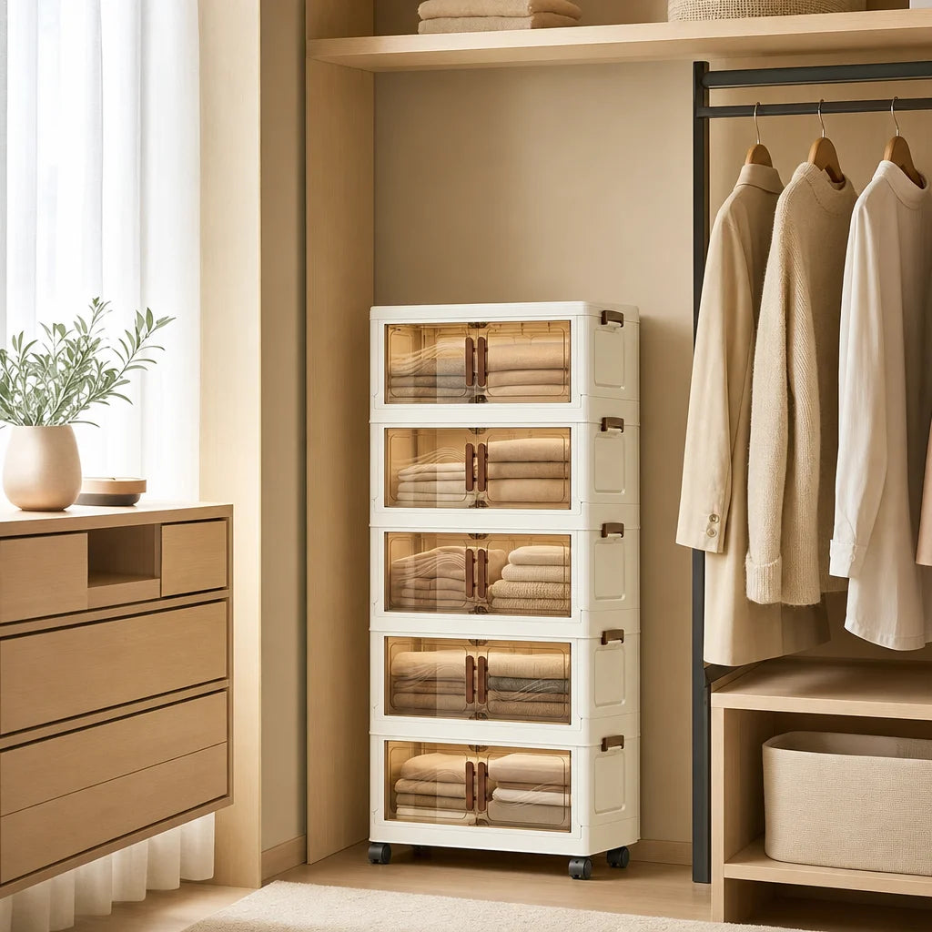 Colonne de rangement remplie de linge plié dans un dressing lumineux